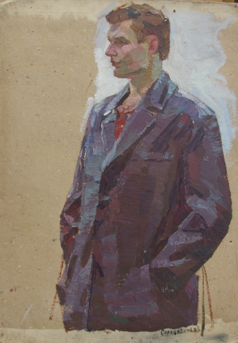 Портрет молодого бригадира  69-50 см. картон масло 1970е. 