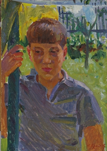 Мальчик держится за дерево  49-34,5см.  картон масло 1986г 