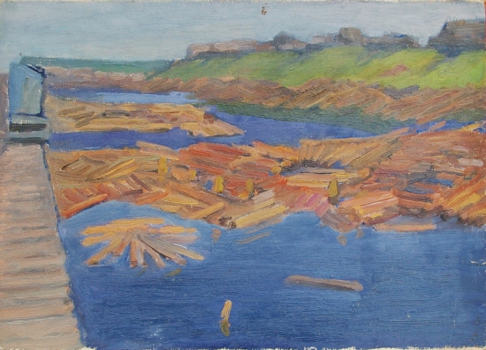 Лес на воде 35-48 см. картон масло  1970е 