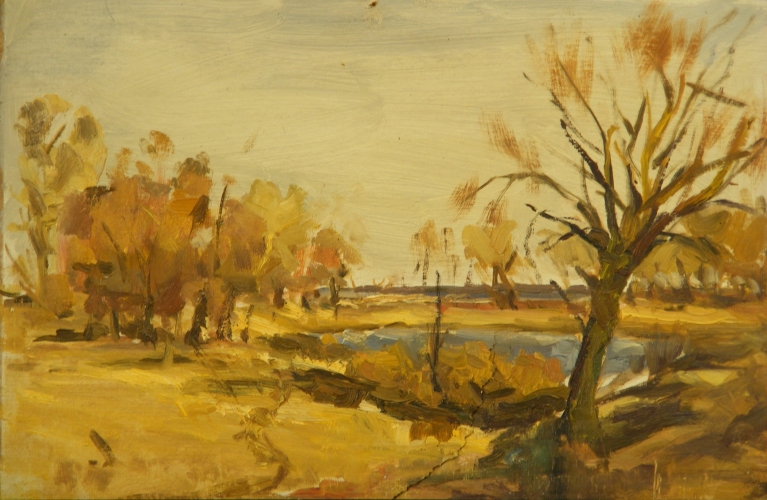 Осенний пейзаж у озера 25-35 см., картон, масло 1970 г.
