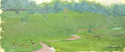 Этюд Гуси на лужайке. 12-35 см. картон масло 1968 