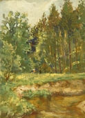 Летний пейзаж в лесу 35-25 см., картон, масло 1970 г.