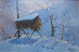 Кормушка в зимнем лесу 45-68 см., холст, масло 1967 