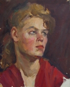 Портрет женщины в красном  33-27 см.  картон масло 1957г 