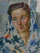 Женщина в цветном платке 25-32 см.  картон масло 1960-е 