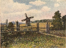 Пейзаж с ветряной мельницей 30-40 см., Холст, масло 1990 