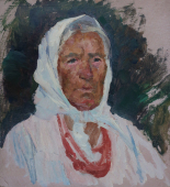 Портрет женщины с красными бусами  44-40 см.  картон масло 1976г 