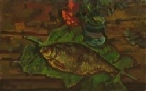 Натюрморт с рыбой на листьях 50-80 холст, масло