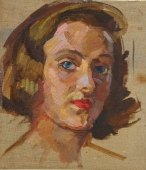  Портрет девушки с красными губами  24-21 см.  картон масло 1957г
