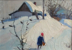 Выпал снег.По водичку 45-40 см., картон, масло 1956  