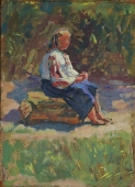 Женщина сидит на бревне  26-18 см.  картон масло 1970е