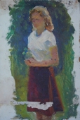 Девушка с цветами  49,5-33,5 см.  картон масло 1970е 