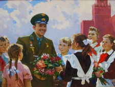 Гагарин С детьми 120-160 см. холст масло  1970 г