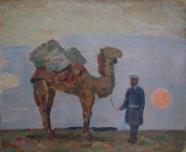 Вечер с верблюдом 43-53 см. картон масло 1970е 