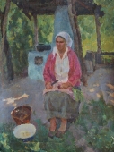 Женщина возле печки 80-60 см. холст масло 1970е 