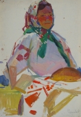 Женщина с хлебом   50-35 см. картон масло 1960е 