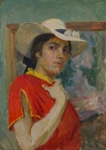 . Портрет женщины в белой шляпе  49,5-35 см.  картон масло 1970е 
