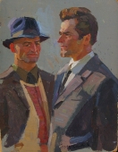 Разговор двух мужчин  37,5-29 см.  картон масло 1960е 