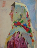 Девушка в украинском платке  37-29 см. картон масло 1970е 