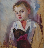 Портрет малыша с игрушкой  48-43 см.  картон масло 1960-е