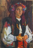  Портрет девушки в национальной гуцульской одежде 78-54 см.  картон масло 1960е 