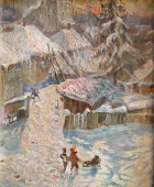 Зимний дворик 38-45 см., картон, масло 1982  