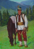 Гуцул с лошадью  52-36 см. холст масло 1980е 