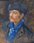 Портрет мужчины с синим шарфом  50-40 см.  картон масло 1986г 
