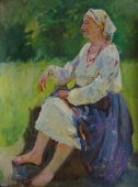 Портрет женщины которая отдыхает на пеньке 79-60 см. холст масло 1970е 