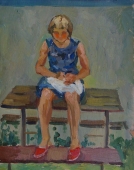 Портрет девочки  на скамейке   50-39 см. картон масло  1970е.