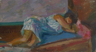  Портрет женщины которая спит 17,5-32 см.  картон масло 1970е 