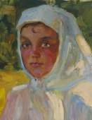  Портрет девушки в белом платке  24,5-19 см.  картон масло 1950е 