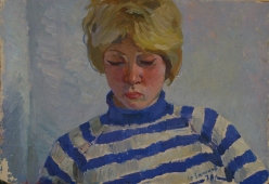 Портрет девушки в полосатой кофте  50,5-35 см.  картон масло 1970г 