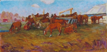 Лошади отдыхают  35-70 см. картон масло 