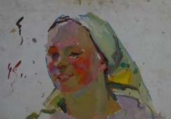 Портрет  счастливой девушки 35-49 см. картон масло 1960е 