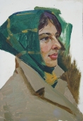 Девушка в зеленой косынке 35-24 см.  картон масло 1970е