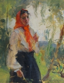  Портрет девушка в красном платке  23-18 см.  картон масло 1950е  