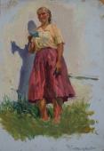  Портрет женщины в полный рост  34,5-24 см.  картон масло 1970е 