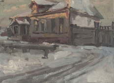 Зимняя дорога к дому на восходе 16-21,5 см., картон, масло 1930 - 1940