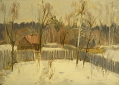 Зимний пейзаж 25-35 см., картон, масло 1970 г.