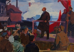  Ленин на встрече с рабочими завода  35-49 см.  картон масло 1970е 