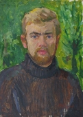 Портрет мужчины на зеленом фоне 49-35,5 см.  картон масло 1977г
