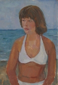 Портрет девушки в белом купальнике  50-35 см.  картон масло 1970е 
