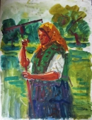 Женщина с граблями 61,5-46 см., бумага, акварель 