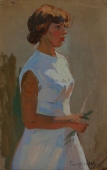 Портрет девушки в белом  54-34 см. картон масло 1970е 