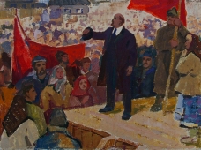 Люди внимательно слушают В.И.Ленина 30-40 см.  картон масло 1970е 