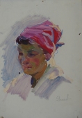 Портрет девушки в красной косынке  48-33 см. картон масло 1960е