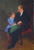  Ленин с девочкой читают 41-27,5 см.  картон масло 1970е