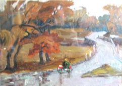 Мокрая (морская) дорога в лесу 45-36 см., картон, масло 1990 