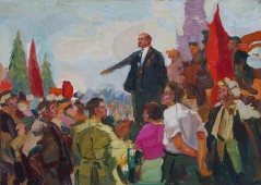 Ленин с рабочими  30-47 см. картон масло 1970е 